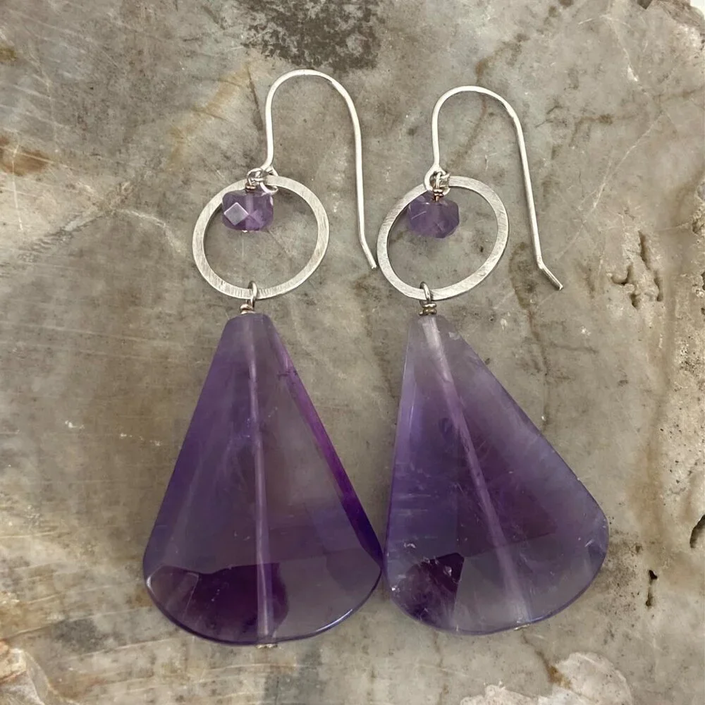 Deb Guyot Sterling Silver 925 Chunky Faceted Teardrop Amethyst Dangle Earrings